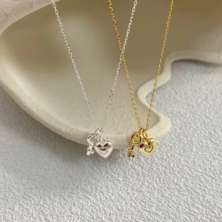 Petite Polished 925 Sterling Silver Heart Key Charm Necklace