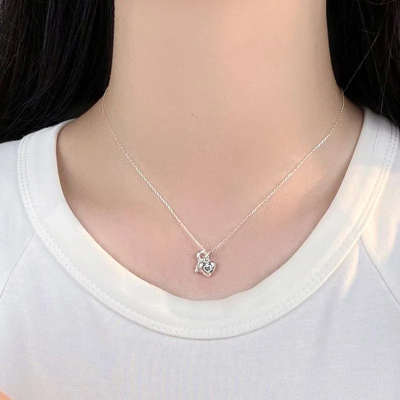 Petite Polished 925 Sterling Silver Heart Key Charm Necklace