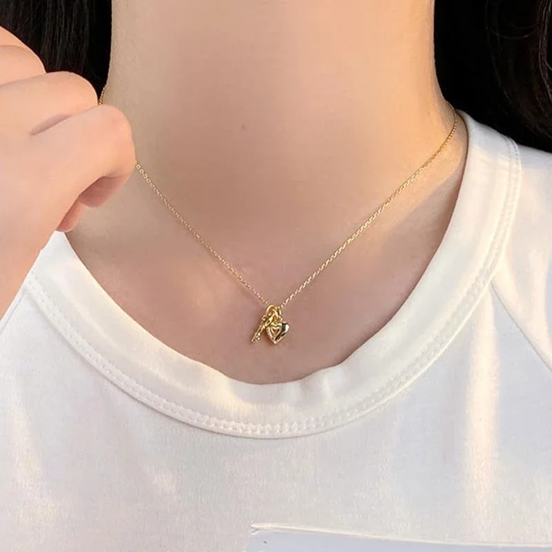 Petite Polished 925 Sterling Silver Heart Key Charm Necklace