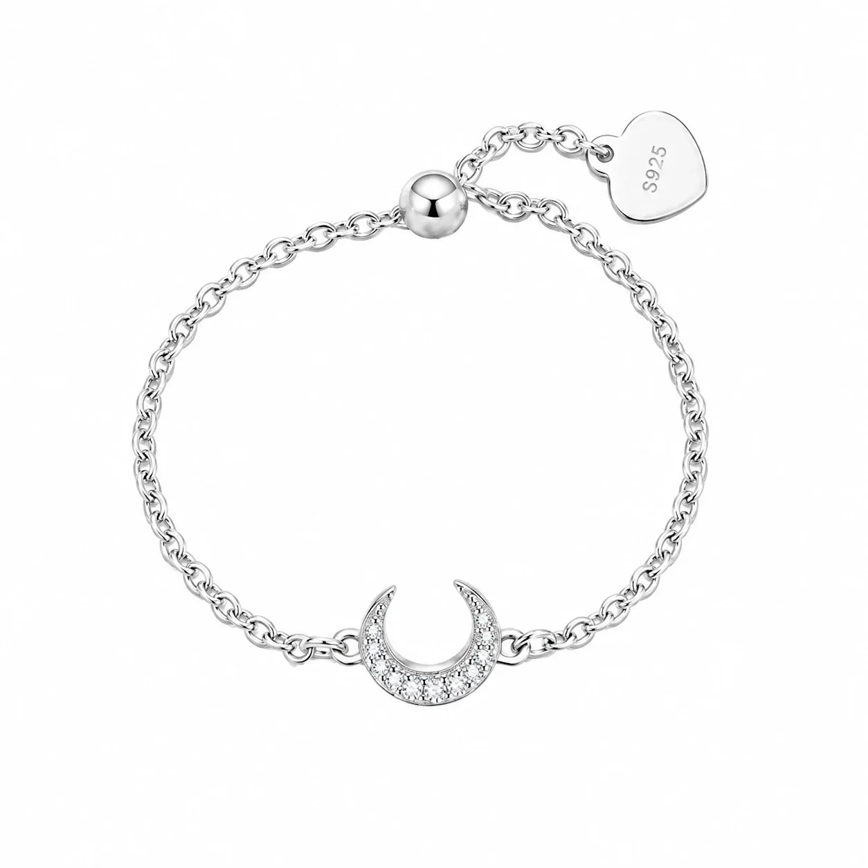 Celestial 925 Sterling Silver Pavé Crescent Chain Bracelet