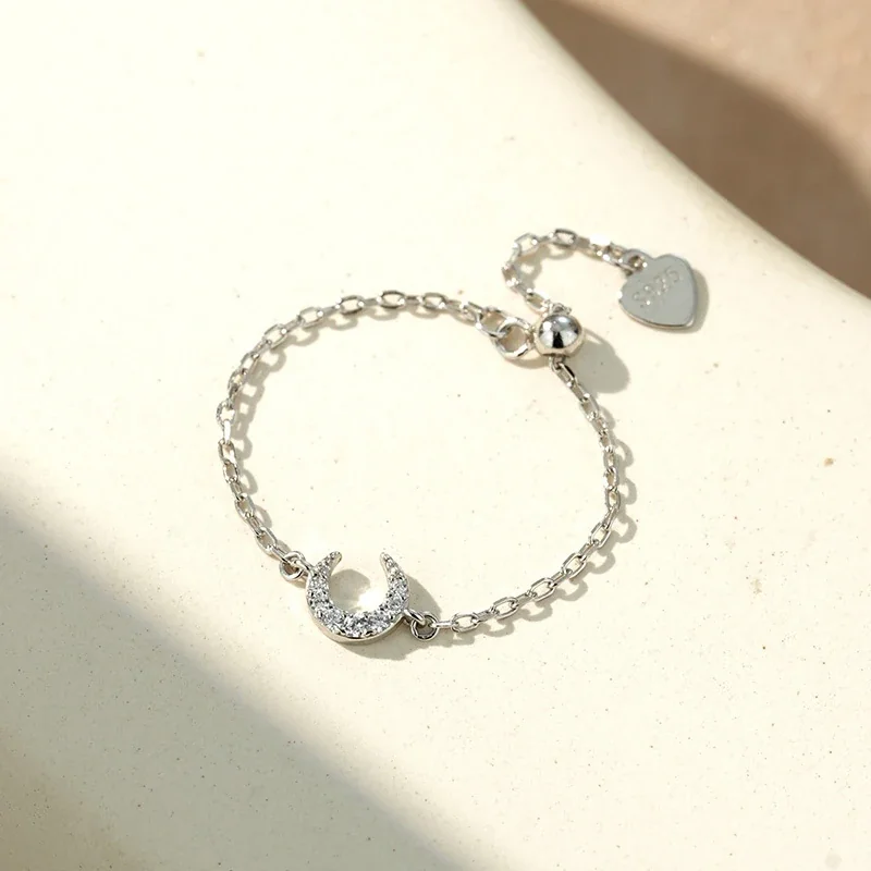 Celestial 925 Sterling Silver Pavé Crescent Chain Bracelet - Silver