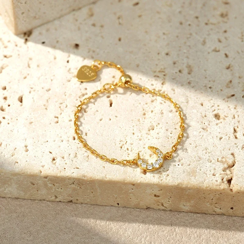 Celestial 925 Sterling Silver Pavé Crescent Chain Bracelet - Gold