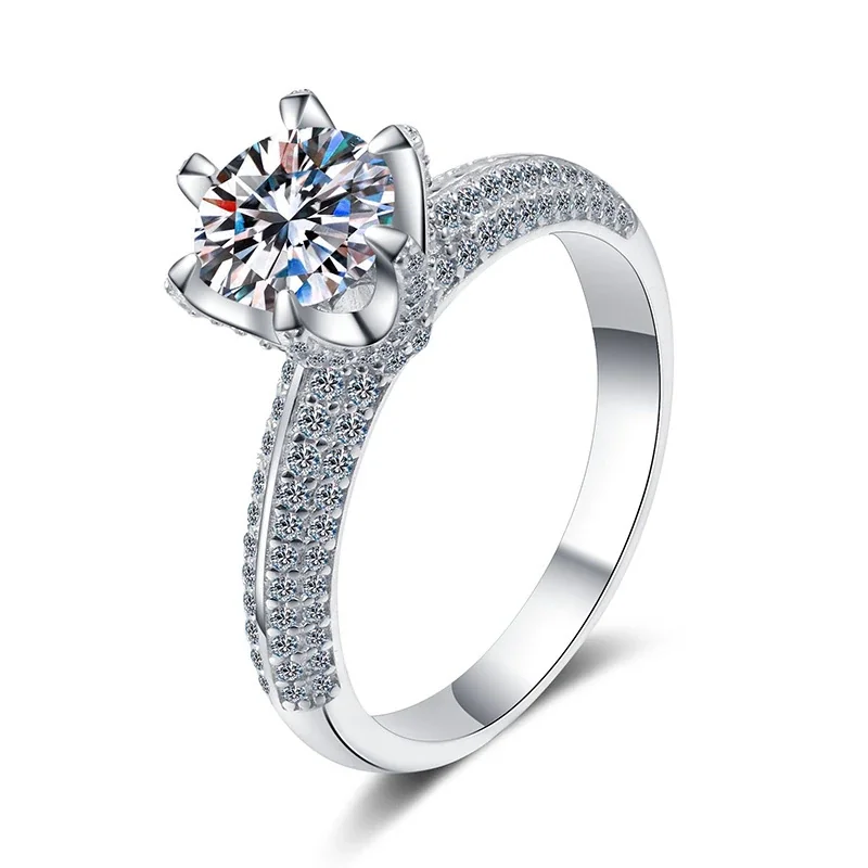 Radiant Six-Prong Round Moissanite Pavé 925 Sterling Silver Ring