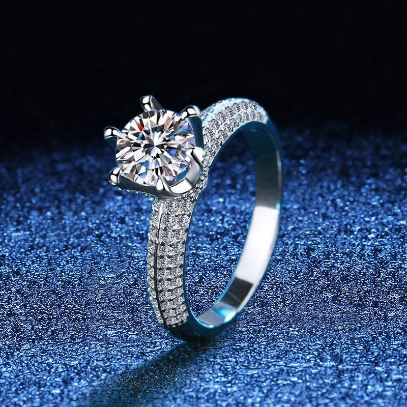 Radiant Six-Prong Round Moissanite Pavé 925 Sterling Silver Ring