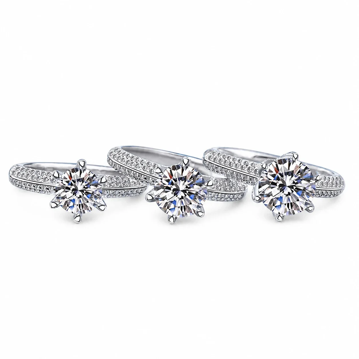 Radiant Six-Prong Round Moissanite Pavé 925 Sterling Silver Ring