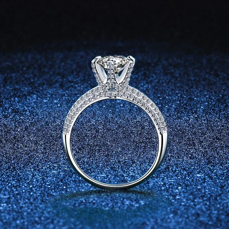 Radiant Six-Prong Round Moissanite Pavé 925 Sterling Silver Ring