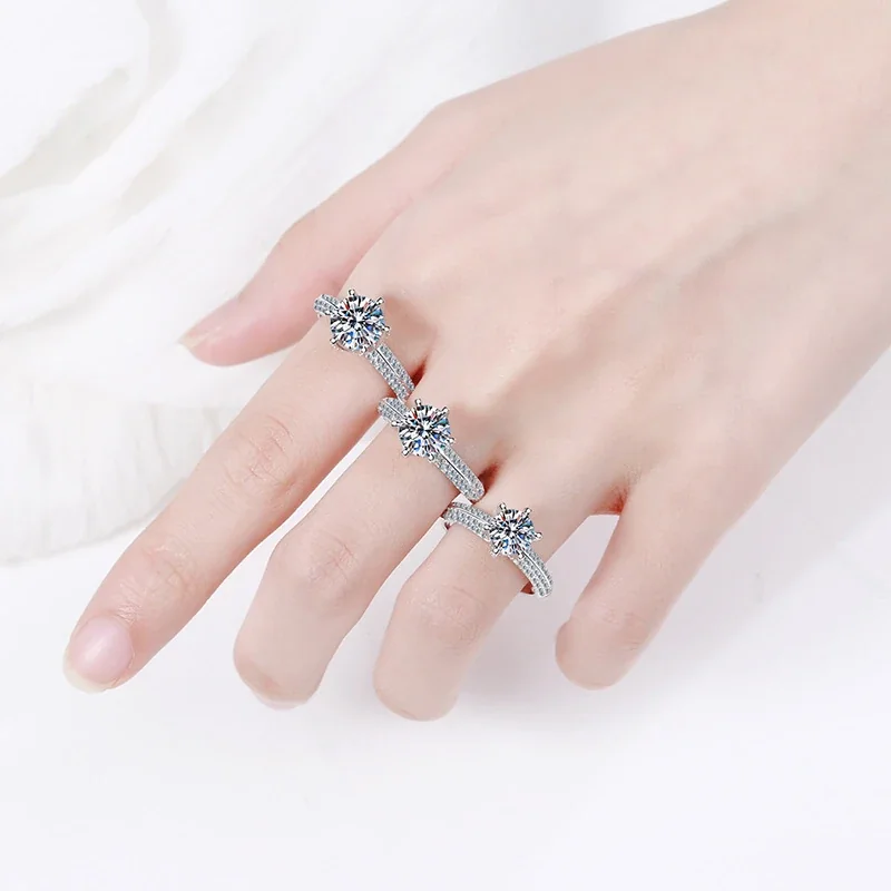 Radiant Six-Prong Round Moissanite Pavé 925 Sterling Silver Ring