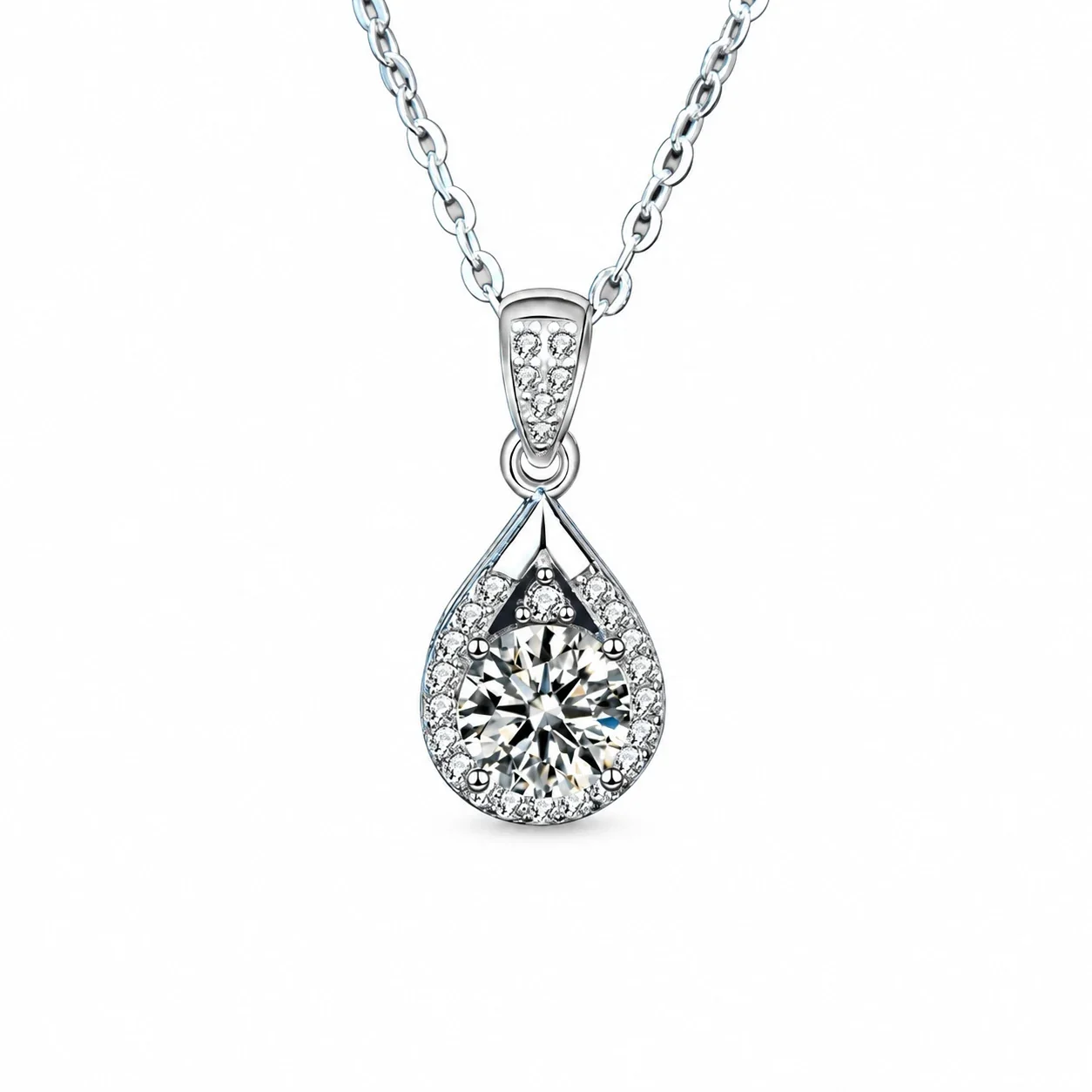 Radiant 925 Sterling Silver Teardrop Halo Pendant Necklace