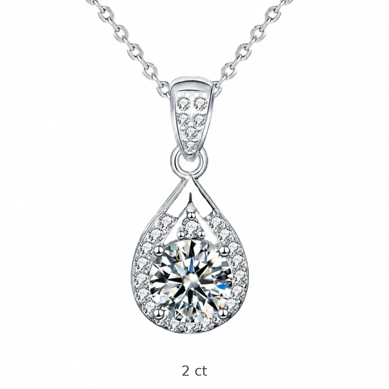 Radiant 925 Sterling Silver Teardrop Halo Pendant Necklace - Silver 2 ct Moissanite