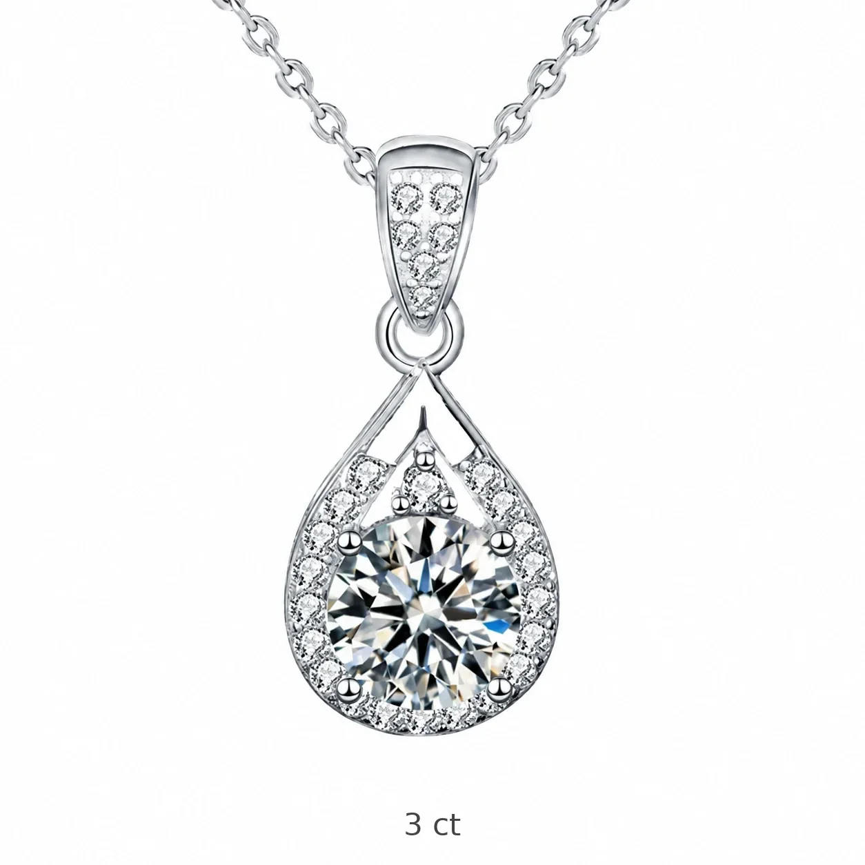 Radiant 925 Sterling Silver Teardrop Halo Pendant Necklace - Silver 3 ct Moissanite