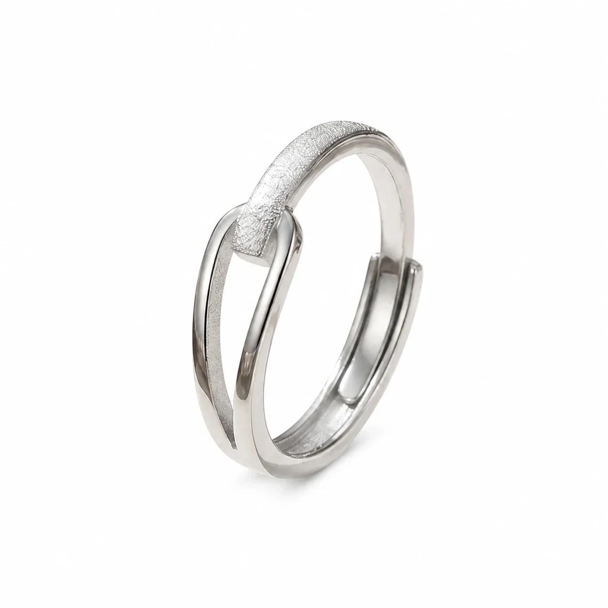 Sculptural Open-Front Link Textured 925 Sterling Silver Ring - Silver