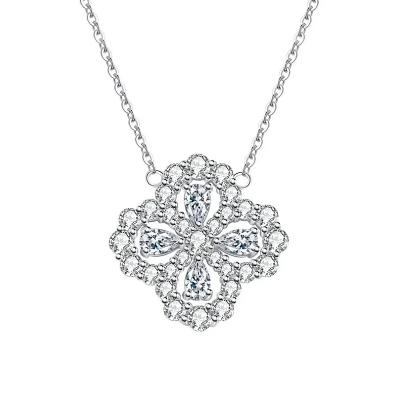 Ornate 925 Sterling Silver Pear-Halo Clover Moissanite Necklace