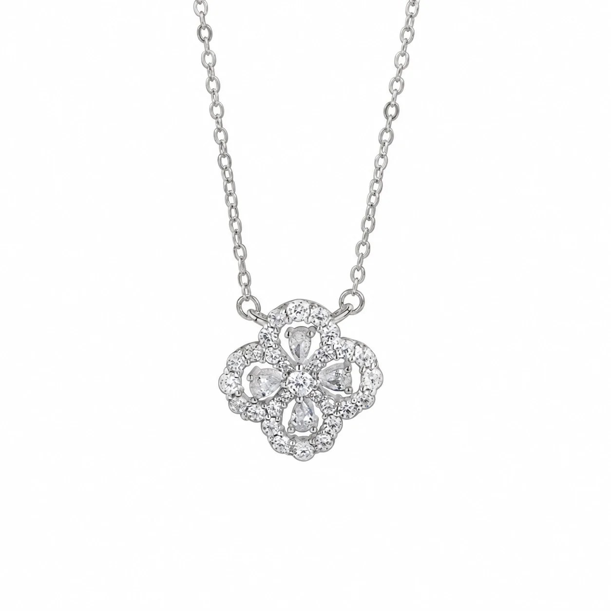 Ornate 925 Sterling Silver Pear-Halo Clover Necklace