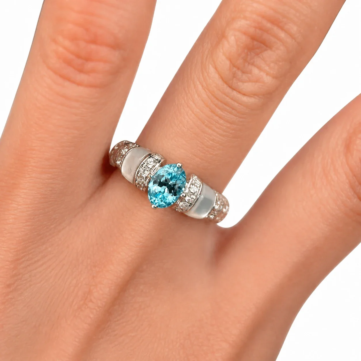 Luminous Silver-Plated Aqua Oval CZ Pavé Copper Ring