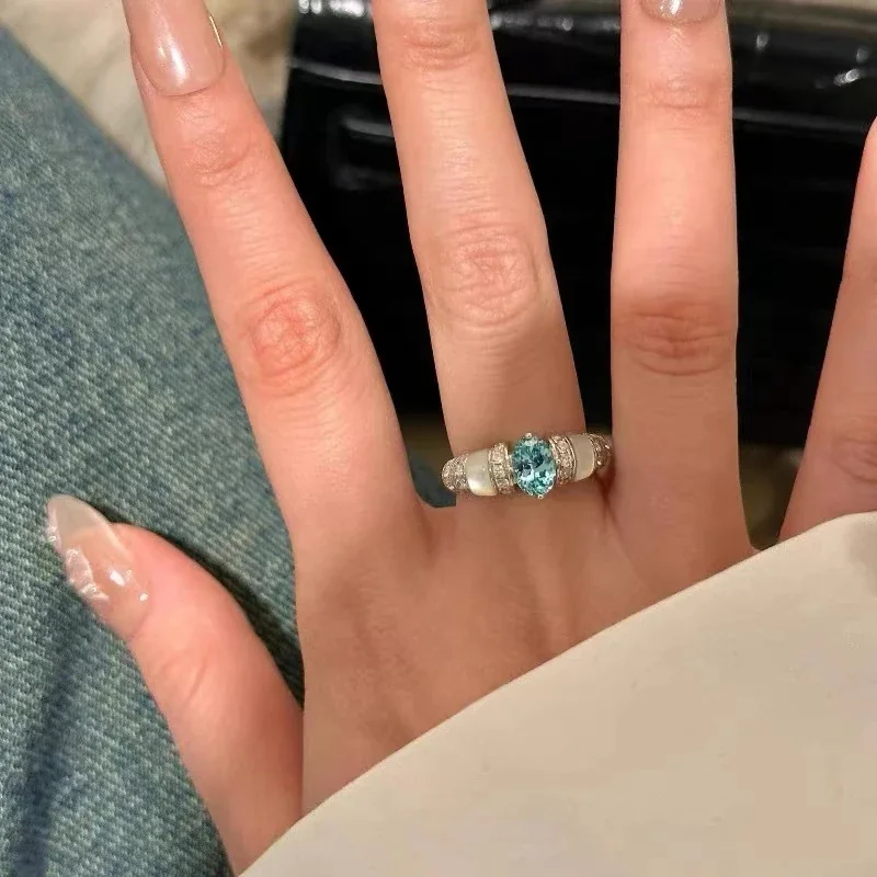 Luminous Silver-Plated Aqua Oval CZ Pavé Copper Ring