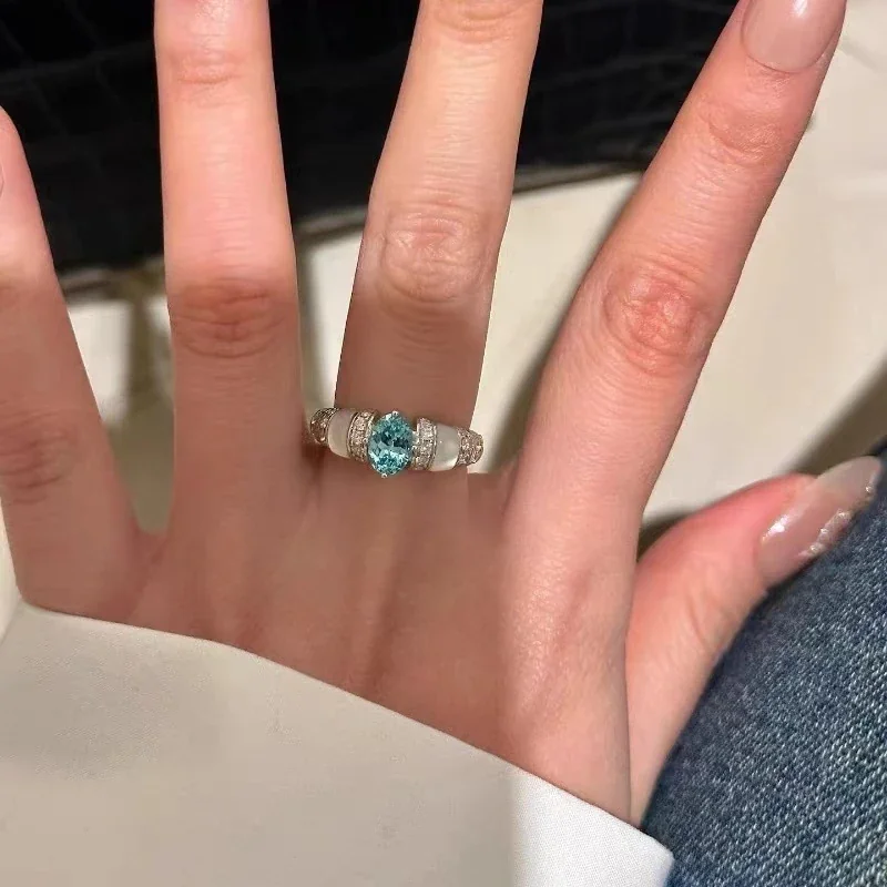 Luminous Silver-Plated Aqua Oval CZ Pavé Copper Ring
