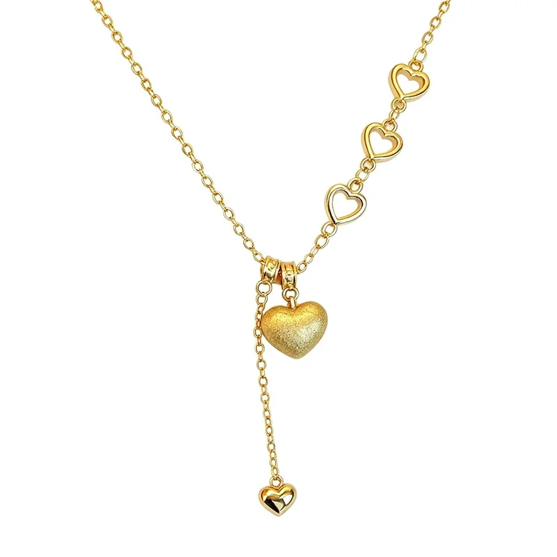 Textured Gold-Tone Heart Y-Drop 925 Sterling Silver Necklace