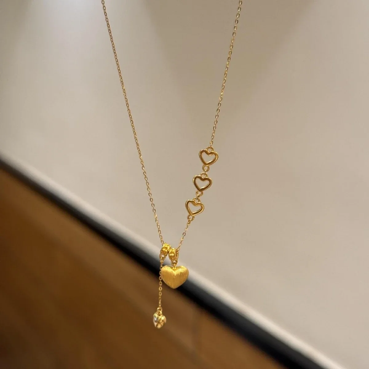 Textured Gold-Tone Heart Y-Drop 925 Sterling Silver Necklace