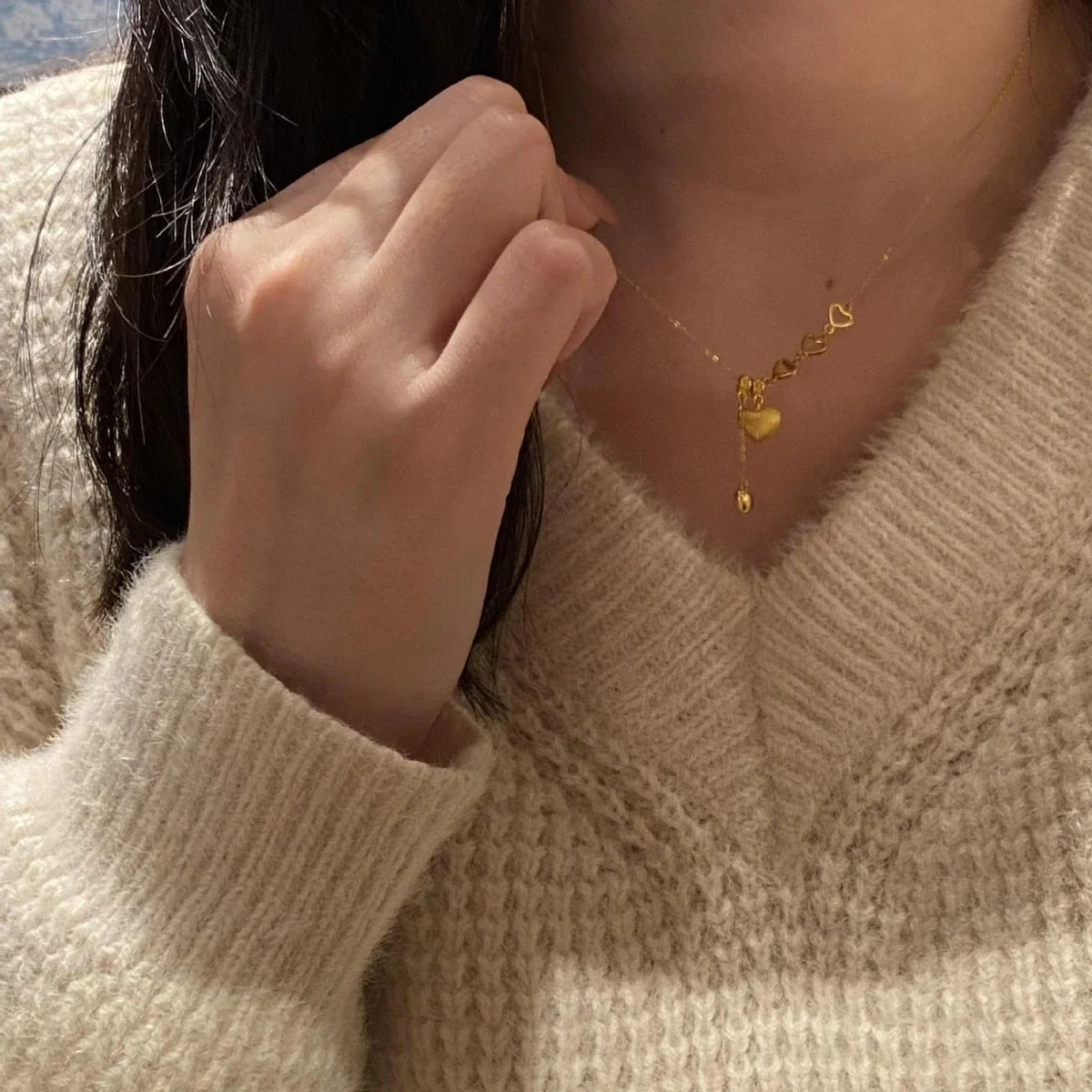 Textured Gold-Tone Heart Y-Drop 925 Sterling Silver Necklace