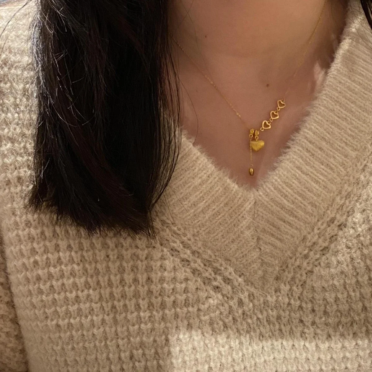 Textured Gold-Tone Heart Y-Drop 925 Sterling Silver Necklace