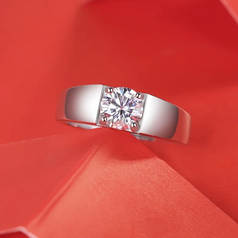 Polished 925 Sterling Silver Four-Prong Round Moissanite Ring