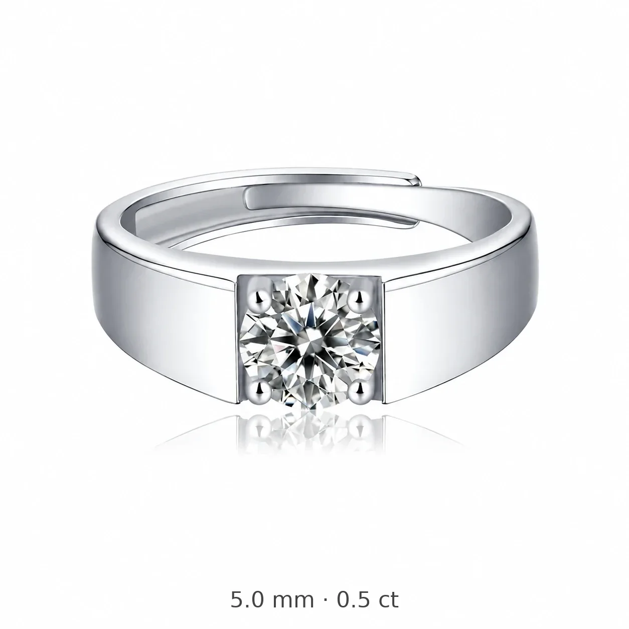 Polished 925 Sterling Silver Four-Prong Round Moissanite Ring - 5.0 mm / 0.5 ct Moissanite / Sterling Silver