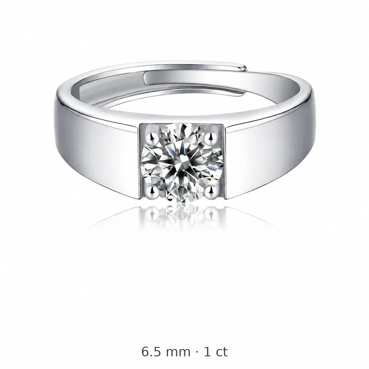 Polished 925 Sterling Silver Four-Prong Round Moissanite Ring - 6.5 mm / 1 ct Moissanite / Sterling Silver