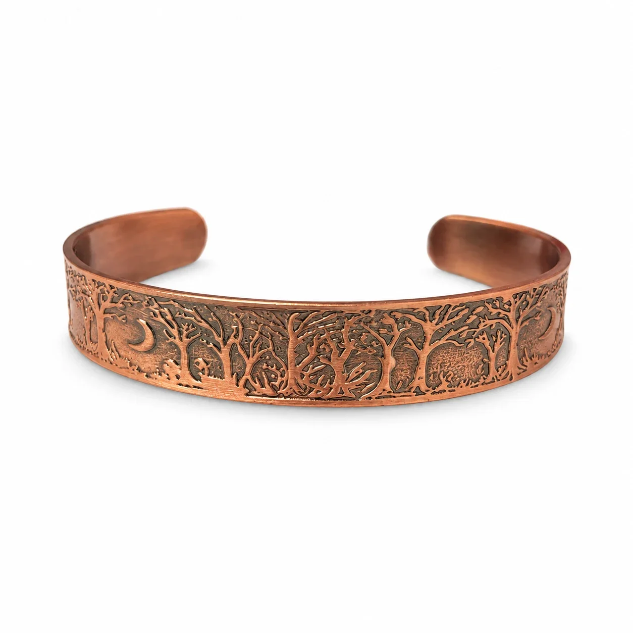 Antique Copper Tree and Moon Open Cuff Bangle