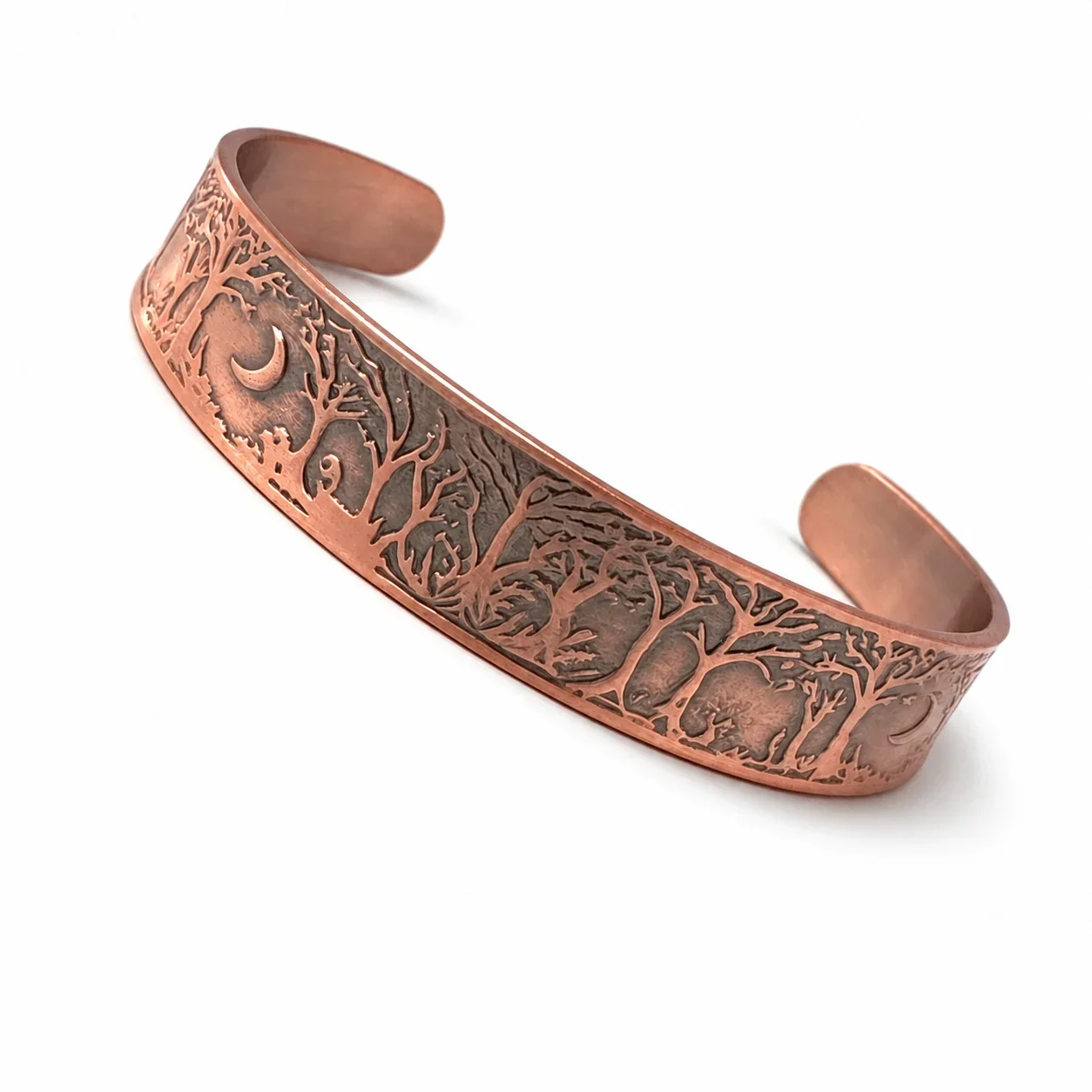 Antique Copper-Plated Tree and Moon Open Cuff Bangle