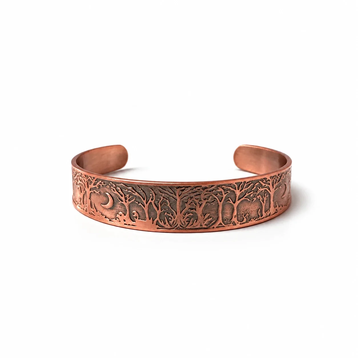 Antique Copper-Plated Tree and Moon Open Cuff Bangle