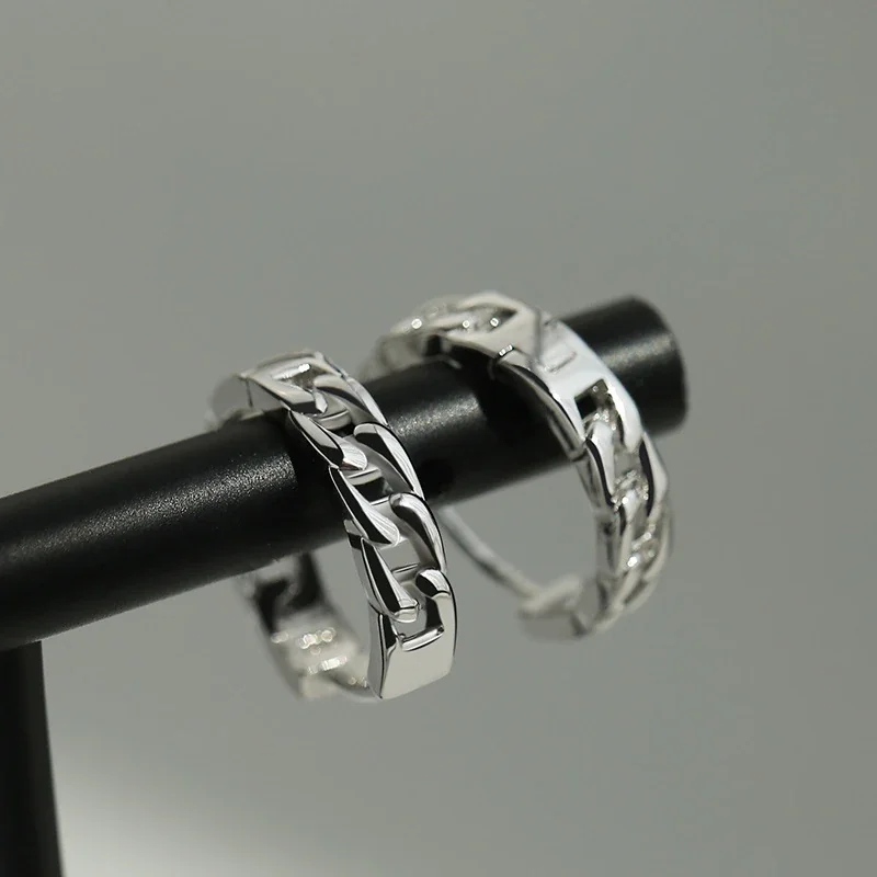 Bold 925 Sterling Silver Cuban Link Huggie Hoop Earrings