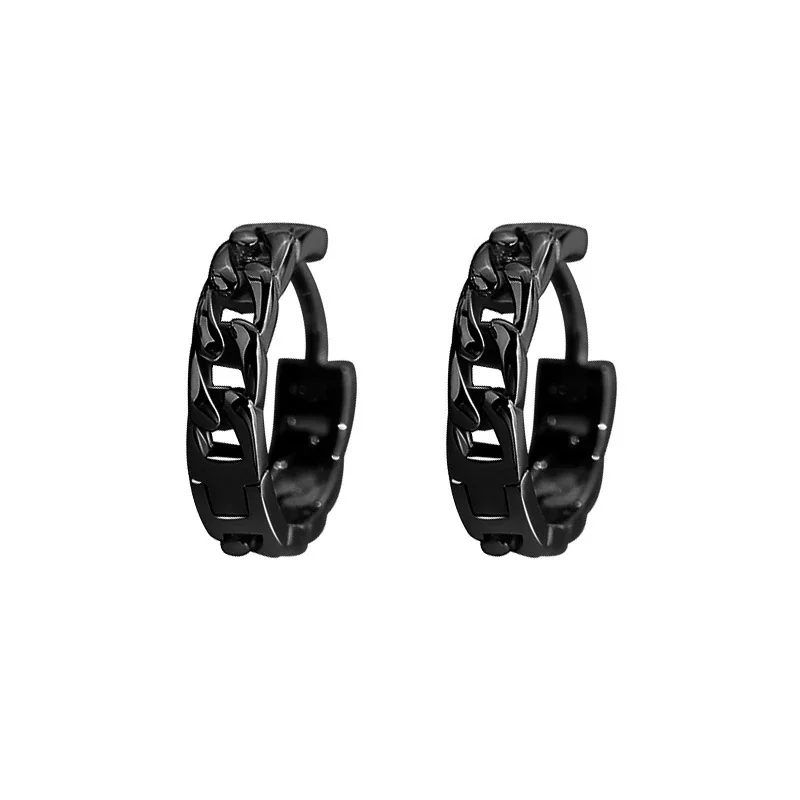 Bold 925 Sterling Silver Cuban Link Huggie Hoop Earrings - Black Pair