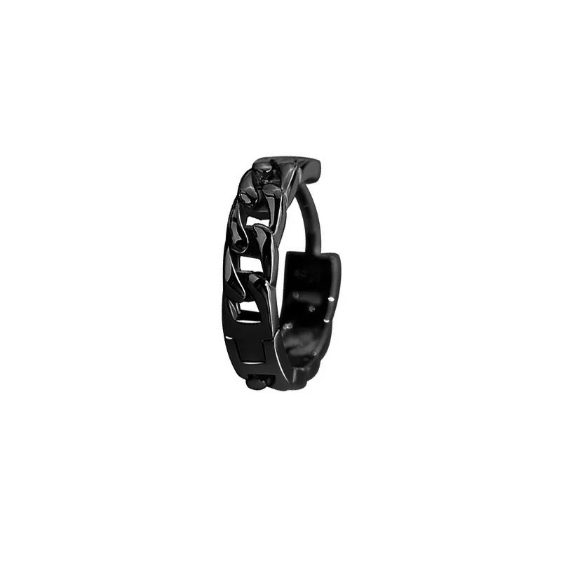Bold 925 Sterling Silver Cuban Link Huggie Hoop Earrings - Black Single