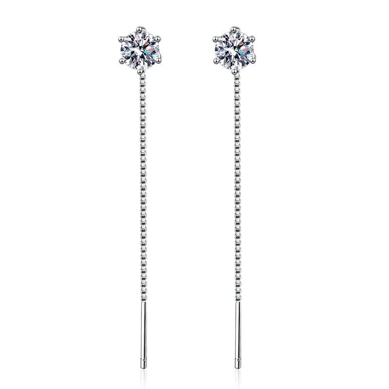 Sleek Six-Prong Round Moissanite 925 Silver Threader Earrings