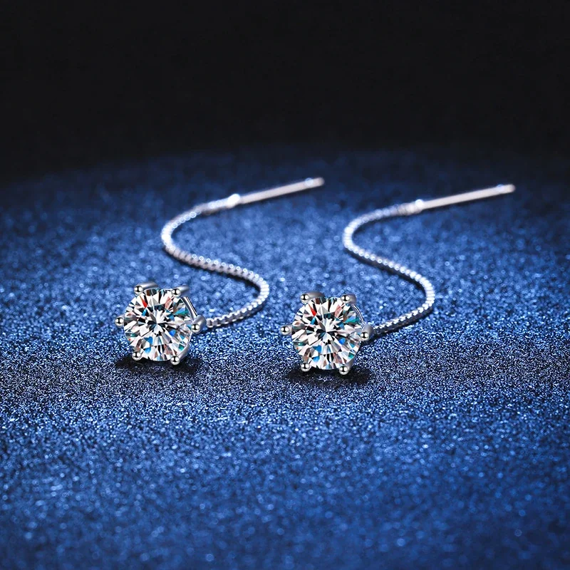 Sleek Six-Prong Round Moissanite 925 Silver Threader Earrings