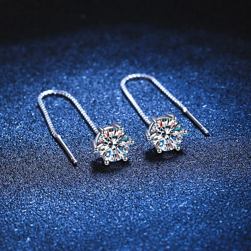 Sleek Six-Prong Round Moissanite 925 Silver Threader Earrings
