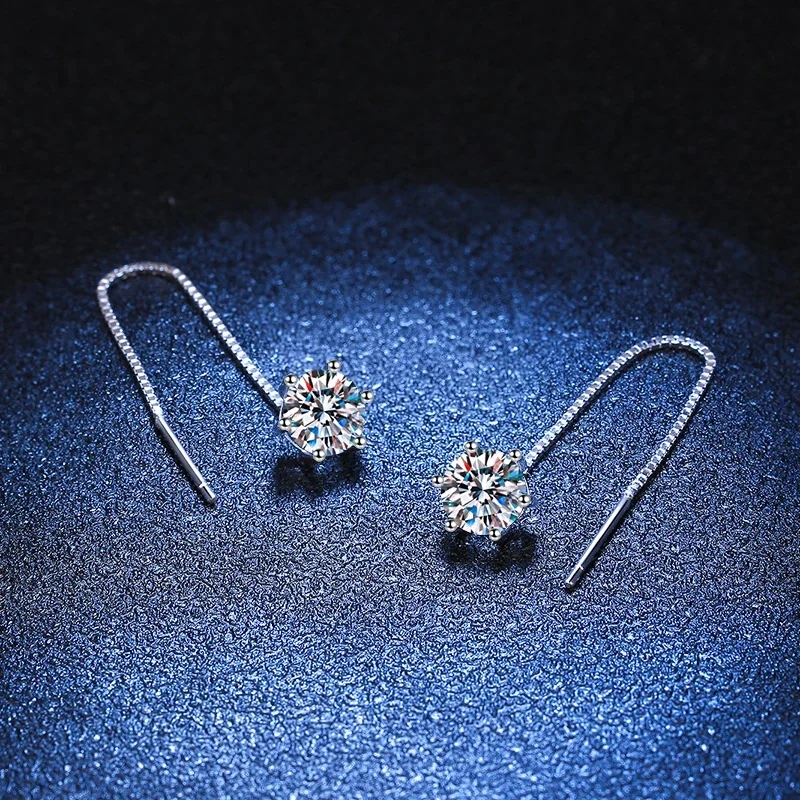 Sleek Six-Prong Round Moissanite 925 Silver Threader Earrings