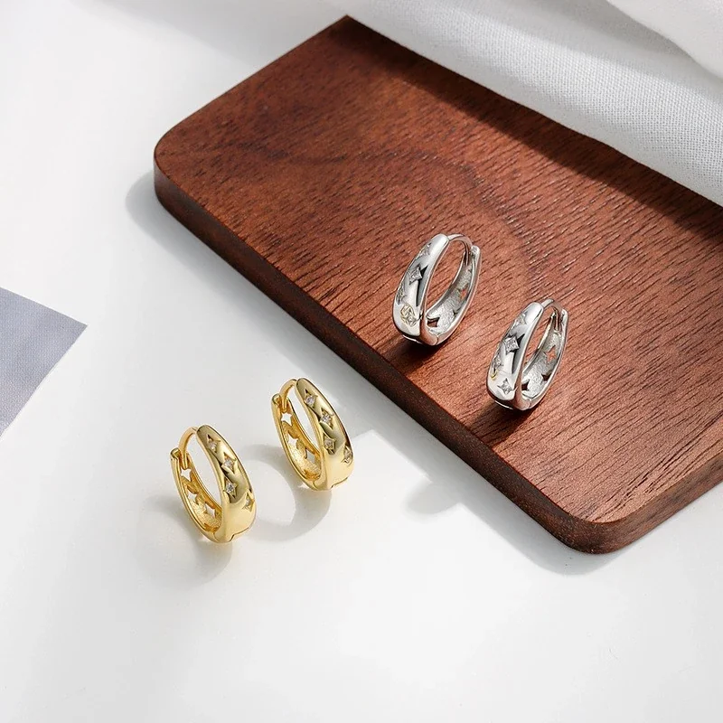 Geometric Cubic Zirconia 925 Sterling Silver Hoop Earrings