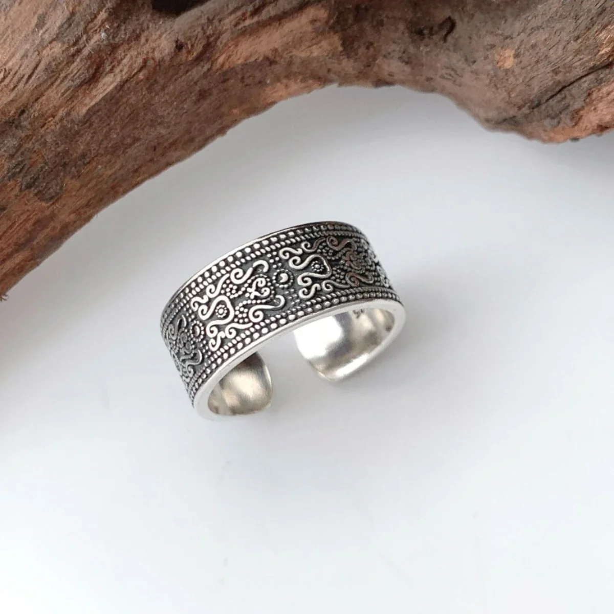 Oxidized Scrollwork Copper Beaded Open Band Ring