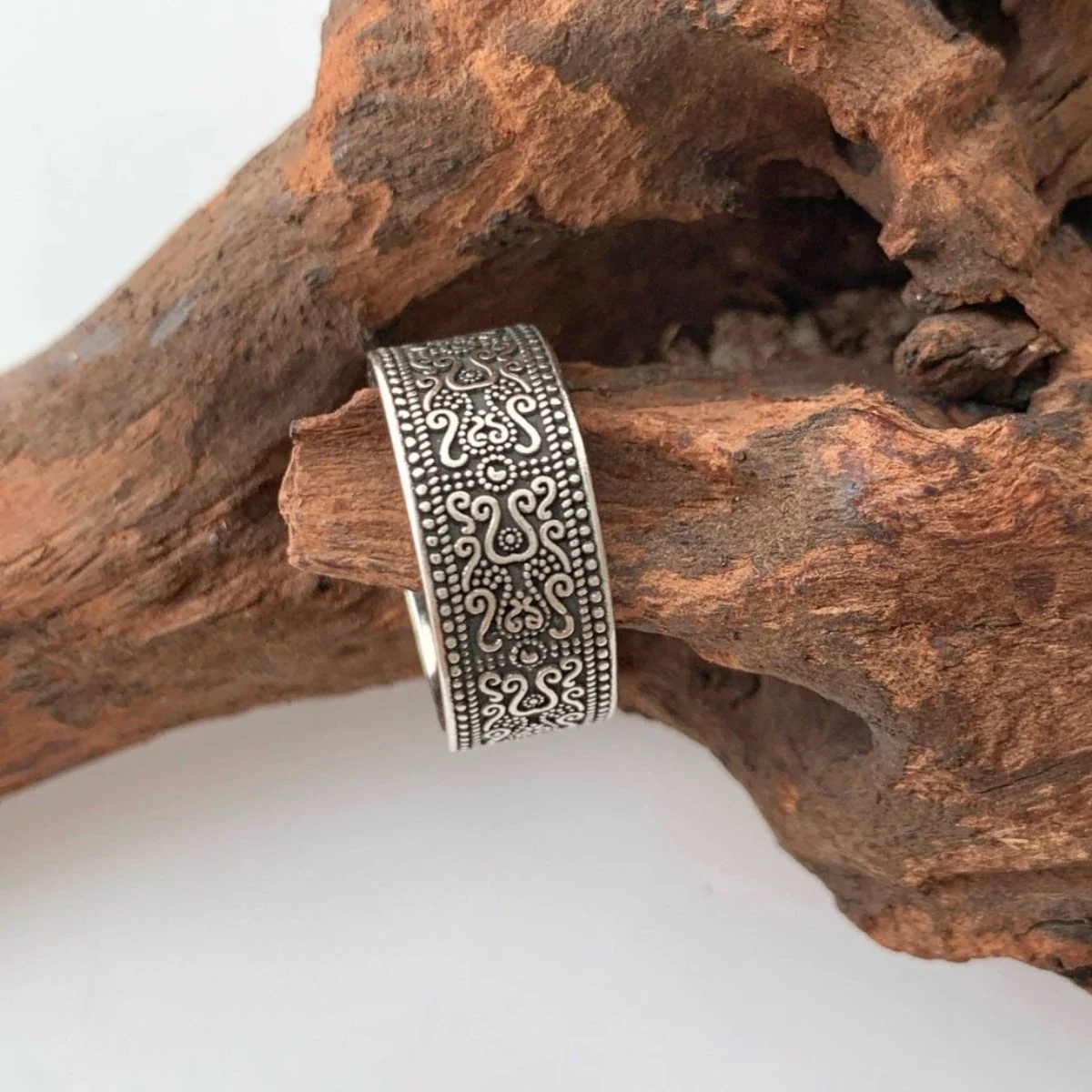 Oxidized Scrollwork Copper Beaded Open Band Ring