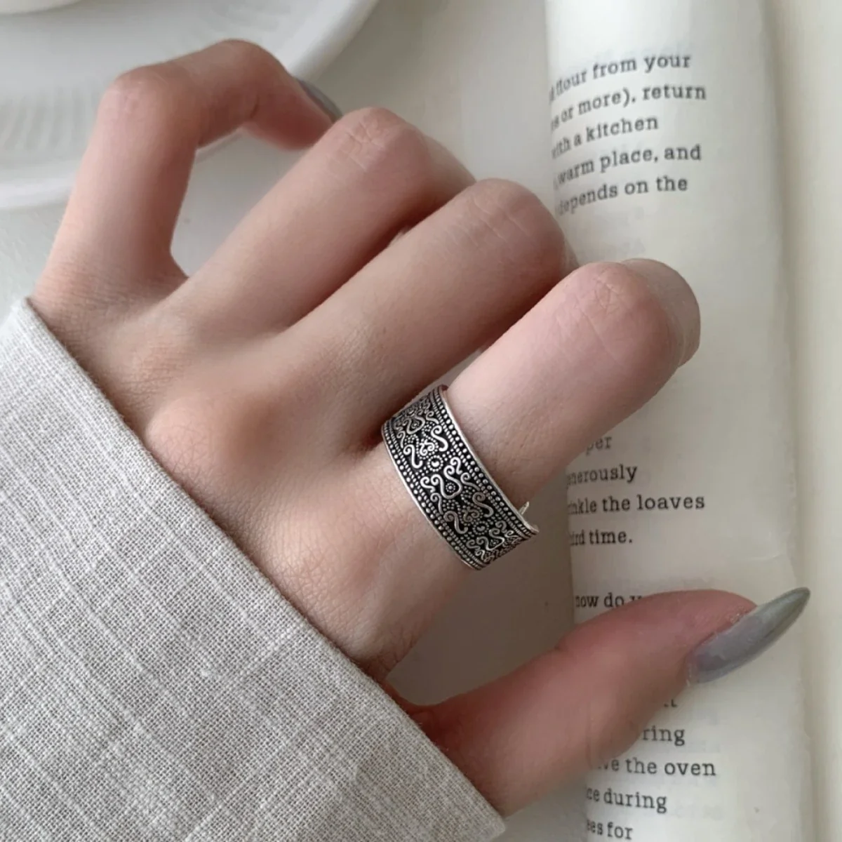 Oxidized Scrollwork Copper Beaded Open Band Ring