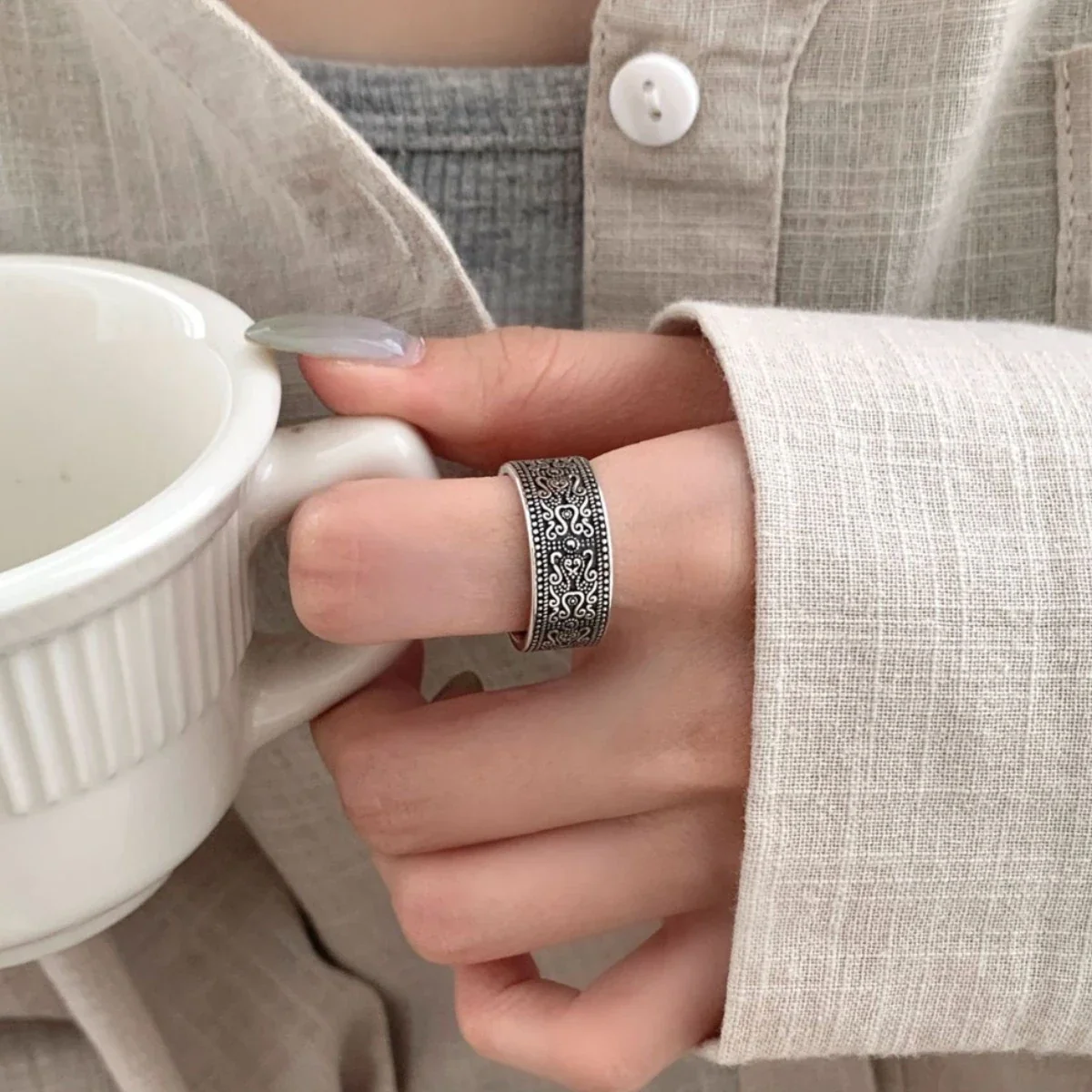 Oxidized Scrollwork Copper Beaded Open Band Ring