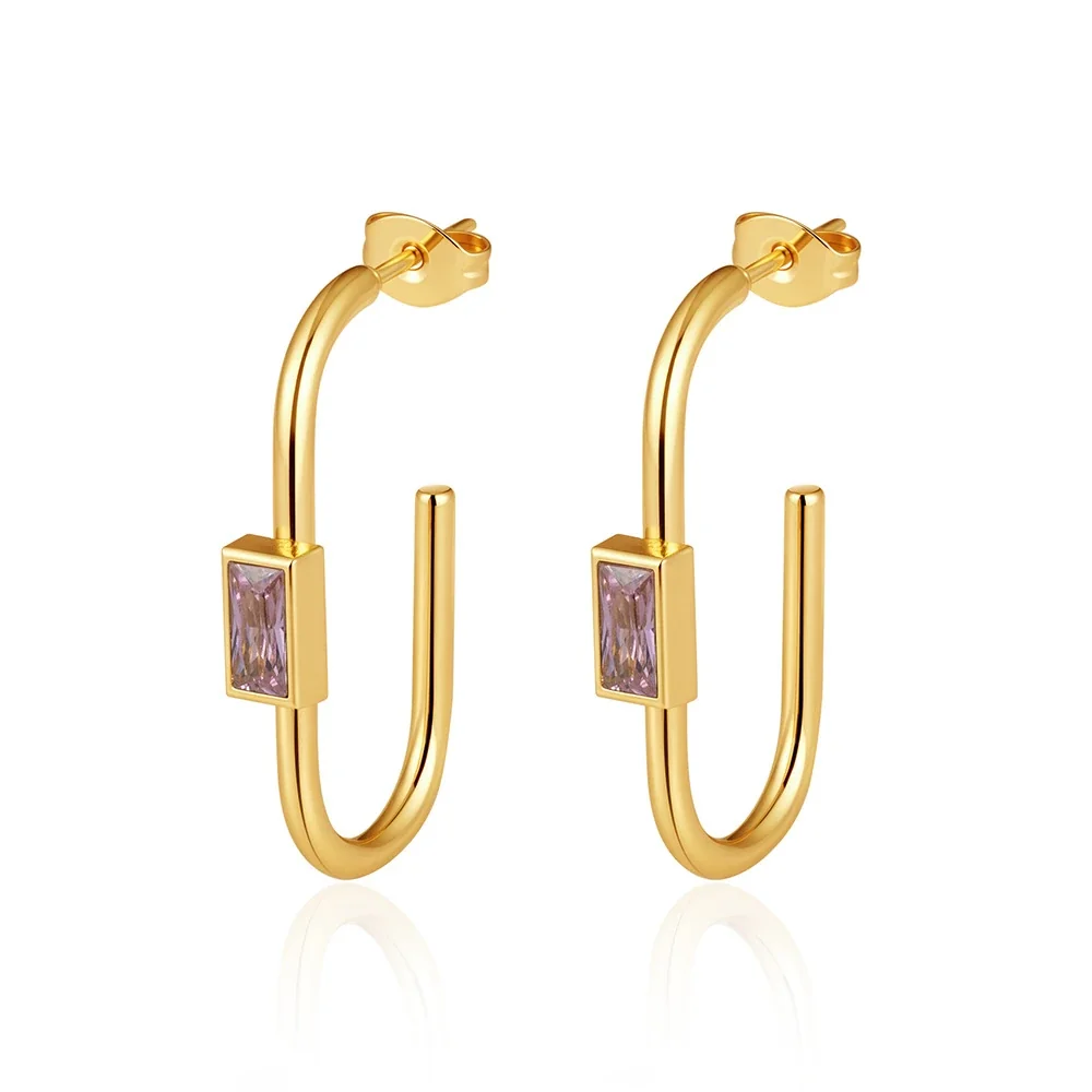 Geometric 18K Gold-Plated Baguette Stone U-Hoop Earrings