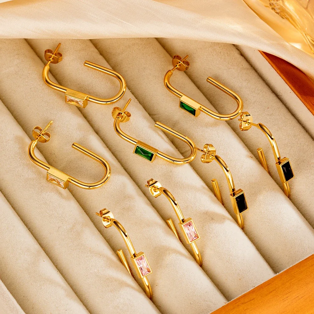 Geometric 18K Gold-Plated Baguette Stone U-Hoop Earrings