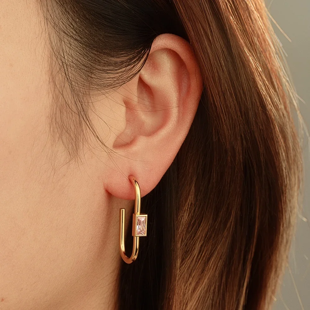 Geometric 18K Gold-Plated Baguette Stone U-Hoop Earrings