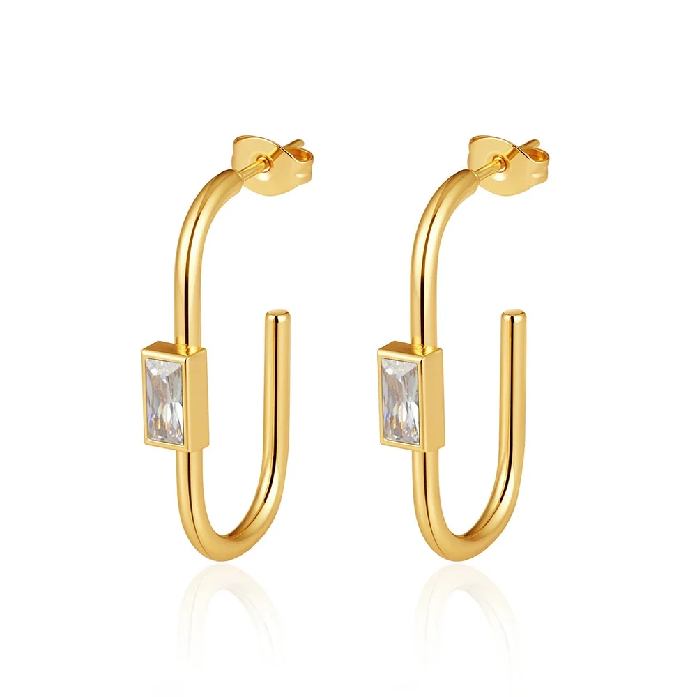 Geometric 18K Gold-Plated Baguette Stone U-Hoop Earrings