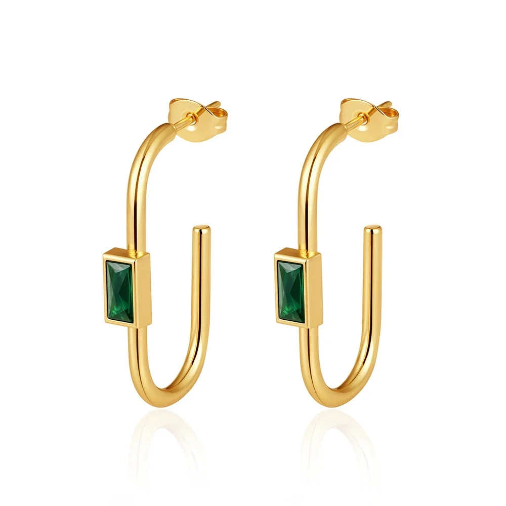 Geometric 18K Gold-Plated Baguette Stone U-Hoop Earrings - Gold Green Cubic Zirconia