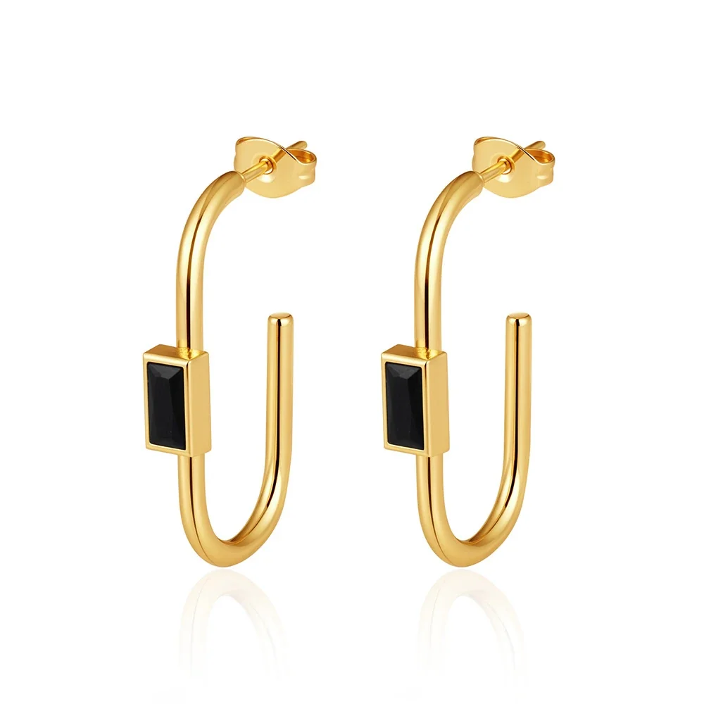 Geometric 18K Gold-Plated Baguette Stone U-Hoop Earrings - Gold Black Cubic Zirconia