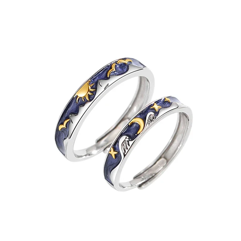 Celestial 925 Sterling Silver Blue Enamel Sun Moon Open Rings