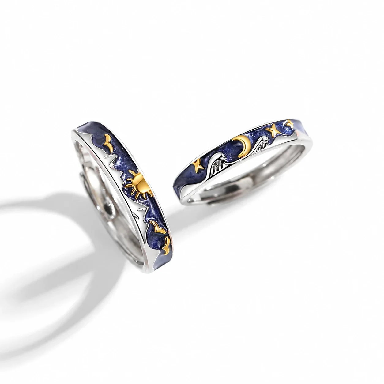 Celestial 925 Sterling Silver Blue Enamel Sun Moon Open Rings